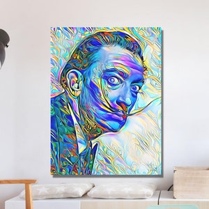 May include: A colorful abstract portrait of Salvador Dali with a blue background and yellow, green, and purple accents.