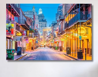 Poster artistico di Bourbon Street di notte a New Orleans, immagini stampate, arte murale, luoghi famosi, decorazione artistica su tela, poster o tela pronta da appendere