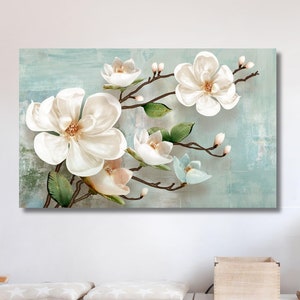White Flowers Framed Canvas Painting, Flower Canvas Print Art, Floral Artwork, Modern Wall Decor, Wall Hanging, White Rose Magnolia Canvas