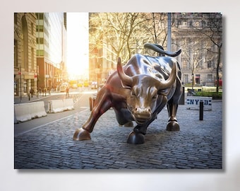 Opladen stier canvas New York Bull standbeeld stier kunst, geld canvas gouden stier bronzen standbeeld canvas stier kunst aan de muur handgemaakt cadeau, kerstcadeau