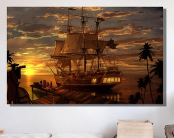 Puede incluir: Una pintura de un barco alto navegando hacia una puesta de sol con palmeras en el fondo.