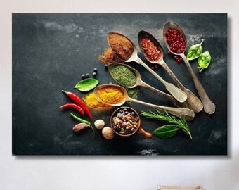 May include: A flat lay image of various spices in spoons on a dark background. The spoons are arranged in a circle with the handles pointing outwards. The spices include red peppercorns, turmeric, cumin, and dried herbs. There are also fresh herbs and chili peppers in the image.