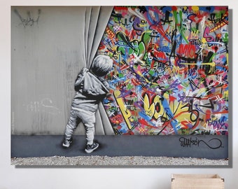 Behind the Curtain, Banksy Wall Art, Urban Style Canvas, Kid Graffiti Wall Art, Modern Street Art, Large Wall Art, Martin Watson Canvas Gift