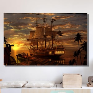 Pirate Ships Sunset Canvas Painting, Sailing Painting, Ships Canvas Painting, Wall Decor, Home Decor, Ship Poster, Handmade Gift