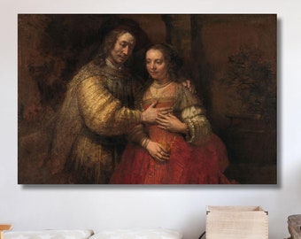May include: A painting of a couple standing close together. The man is wearing a yellow and brown robe and the woman is wearing a red dress. The painting is set against a dark background.
