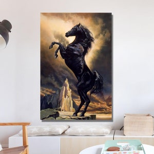 Black Horse On Canvas Wall Art,Rearing Horse Wall Art,Horse Art,Large Animal Abstract Painting,Ready To Hang,Luxury Wall Decor,Gift For Him