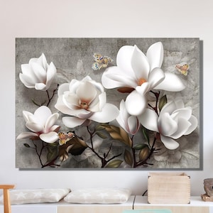 White Magnolia Painting Art, Magnolia Canvas Print, Botanical Canvas Art, Nature Painting, Floral Wall Art, Flower Poster, Gift for Home
