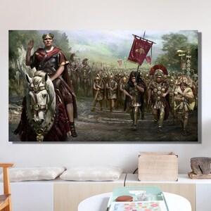 May include: A painting depicting a Roman general on horseback leading a legion of soldiers. The general is wearing a red and gold tunic and a laurel wreath. The soldiers are marching in formation, carrying shields and spears. The painting is set against a backdrop of a green forest and a blue sky.