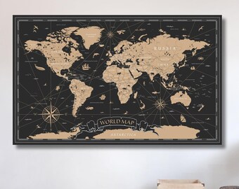 Världskarta, Världskartdekor, Glasväggkonst, Canvasväggkonst, Modern konst, Julklapp, Modern rumsdekor, Handgjord present på canvas