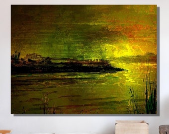 Autumn Reflection Island Landscape Oil Painting Wall Art, Island Painting Canvas Wall Art, Art And Creative, Home Decoration, Handmade Gift