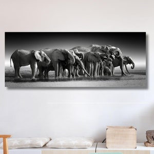 Herd of Elephants , Elephant Family , Elephant Canvas Decor, Glass Wall Art , Canvas Wall Art , Modern Art, Christmas Gift , Room Decor Gift