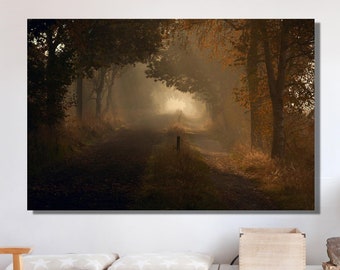 Autumn Landscape Painting Wall Art, Foggy Road Canvas Wall Art, Nature and Trees Poster, Art And Creative, Handmade Gift, Christmas Gift