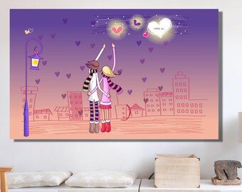 バレンタインデーのキャンバス、ロマンチックな愛のカップルのキャンバス、恋人たちの再会の絵画、ラブハートの壁アート、ハートのアートプリント、ラブハートのカップルのキャンバス