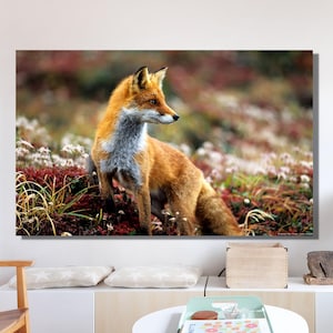 Pôster de raposa de outono, impressão em tela, arte de parede de raposa, pôster para impressão de outono, impressão de arte fotográfica de vida selvagem, linda raposa vermelha, presente feito à mão