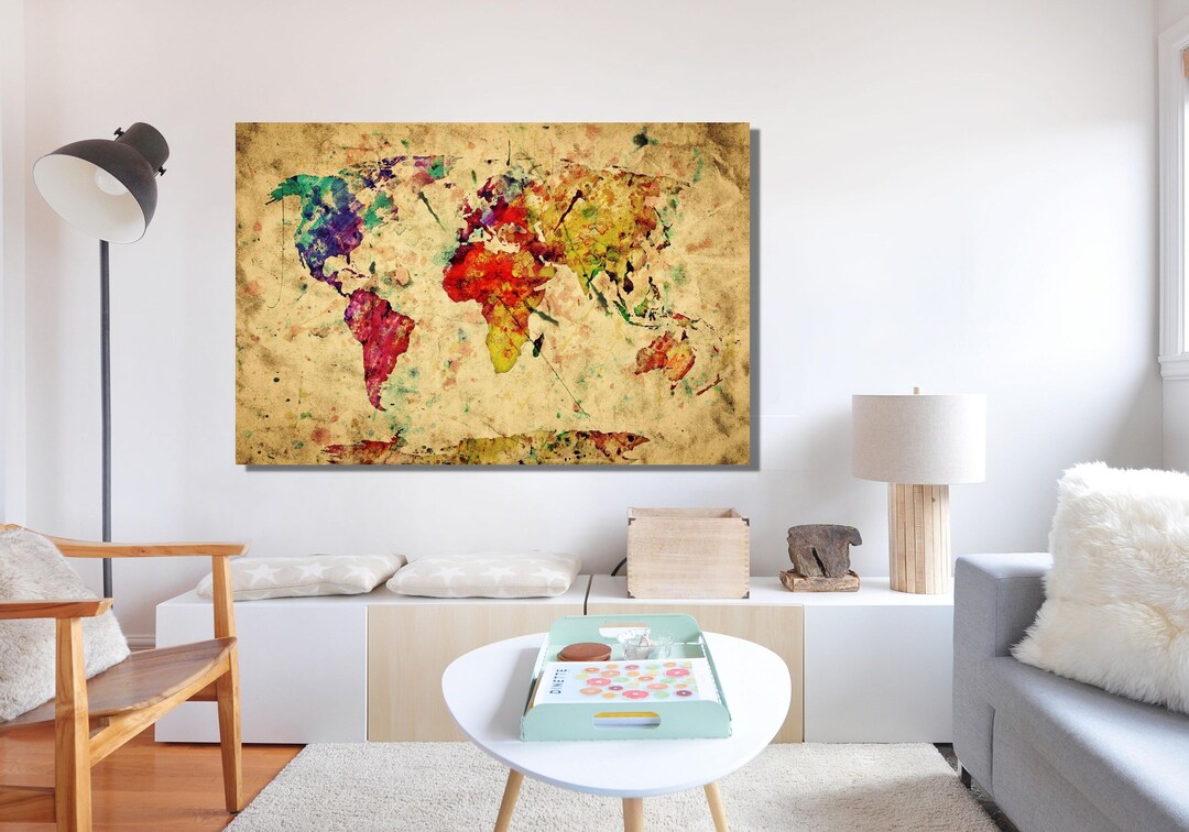 Colourfull Map of the World Print on Canvas and Poster, World Map Home ...