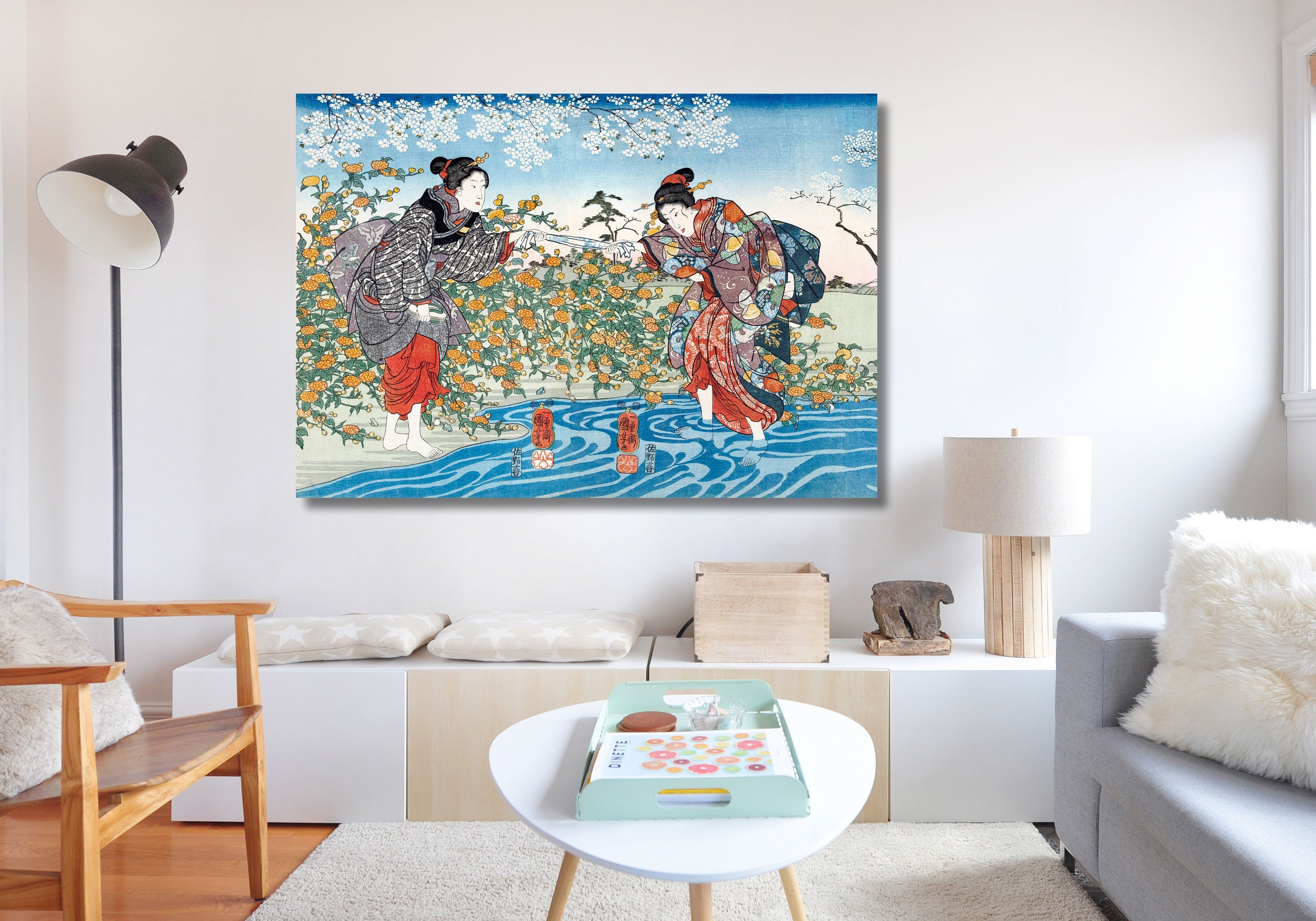 絵画 tama Japanese Girls by Ide Tama River 1847 Vintage Painting by Utagawa