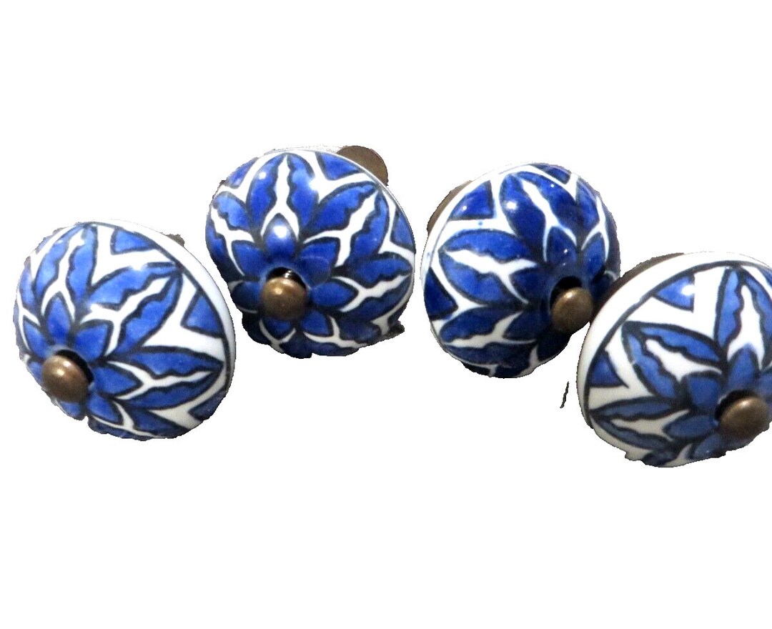 Blue White Drawer Pulls Vintage Floral Ceramic Drawer Knobs set of 4
