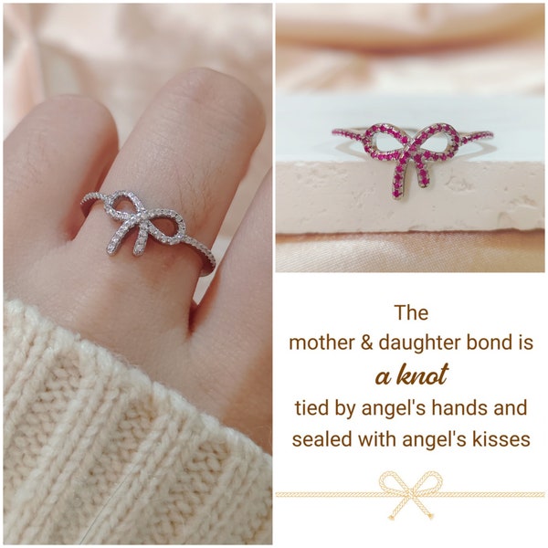 To My Daughter Pink Pavé Bow Ring, The Mother Daughter Bond Is A Knot Tied By Angel's Hands And Sealed With Angel's Kisses, Gift For Her