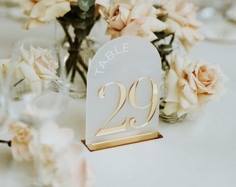 Table Numbers with Stands - Wedding Table Numbers - Arched Table Numbers - Gold Mirrored Frosted Acrylic Table Signs - Wedding Table Decor