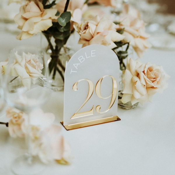 Table Numbers with Stands - Wedding Table Numbers - Arched Table Numbers - Gold Mirrored Frosted Acrylic Table Signs - Wedding Table Decor