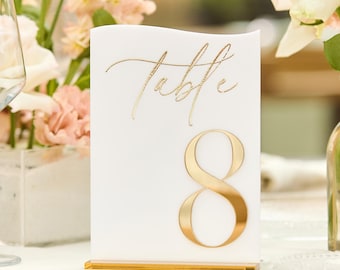 White Acrylic Table Numbers - Wedding Table Decor - 3D Gold Mirror Table Signs - Wedding Reception Decorations - Table Signs with Stands