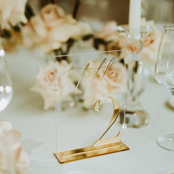 Números de mesa de boda - Números de mesa de pie - Letreros de mesa de espejo dorado 3D acrílico transparente - Decoración de recepción de números de mesa dorados