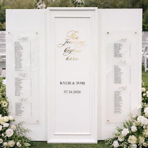 Peut inclure: Un plan de table de mariage blanc avec des lettres dorées et des décorations florales. Le panneau central indique "The journey begins here" au-dessus de "Kylie & Tom" et la date 07.16.2026. Les noms des invités sont listés.