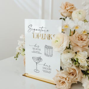 Weißes Acryl Hochzeit Bar Schild - Signature Cocktails Menü - 3D Gold Spiegel Cocktail Schild - Individuelles Drink Bar Dekor