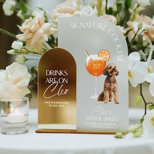 Gold Spiegel Bogen Barschild - Hochzeit Bar Menü - Aquarell Hund Cocktail Zeichen - gefrostetes Acryl Signature Drink Schild