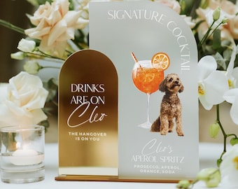 Gold Mirror Arch Bar Sign - Wedding Bar Menu - Watercolor Dog Cocktail Sign - Frosted Acrylic Signature Drink Sign