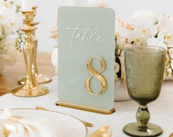 Sage Green Table Number - Gold Mirror Acrylic Numbers - 6x9 Elegant Wedding Table Sign - Acrylic Wedding Table Numbers