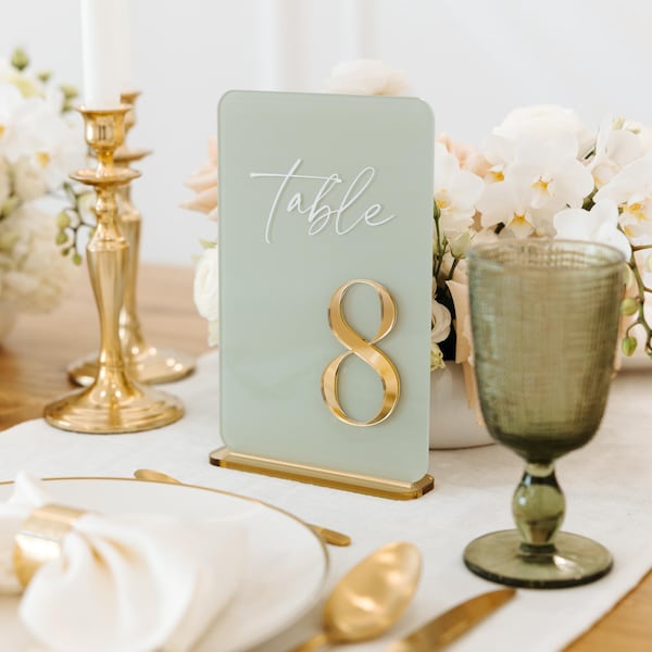 Sage Green Table Number - Gold Mirror Acrylic Numbers - 6x9 Elegant Wedding Table Sign - Acrylic Wedding Table Numbers