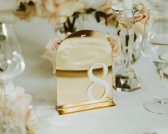 Wedding Table Numbers - Gold Mirror Acrylic Table Numbers with Stands - Wedding Table Signs - Arched Table Numbers - Reception Table Decor