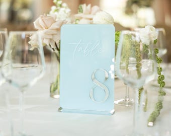 Light Blue Acrylic Table Numbers - 6x9 Wedding Table Sign - Silver Mirror Number - Arctic Blue Wedding Table Signs - Wedding Reception Decor