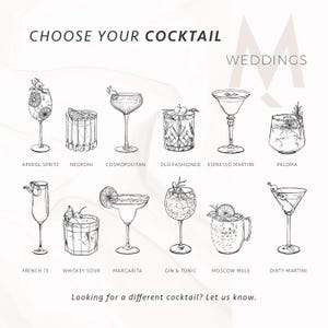 May include: A black and white illustration showcasing a selection of cocktails, including Aperol Spritz, Negroni, Cosmopolitan, and Margarita. The text "CHOOSE YOUR COCKTAIL WEDDINGS" is at the top, with the phrase "Looking for a different cocktail? Let us know." at the bottom.