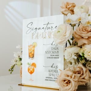 Cardápio de bar em acrílico branco - Placa de casamento com coquetéis exclusivos - Cardápio com espelho dourado 3D - Placa de bebida personalizada - Bebidas exclusivas para ele e para ela