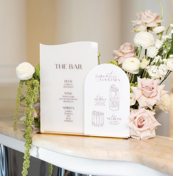 Wedding Cocktail Bar Menu - Beige and White Acrylic Sign - Wave and Arch Bar Sign - Wedding Reception Bar Decor - Acrylic Wedding Signs