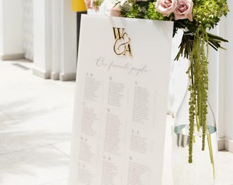 Wedding Seating Chart - Acrylic Guest List Sign - 3D Gold Mirror Monogram - Beige Acrylic Seating Plan - Custom Table Assignment