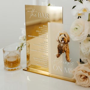 Gold Spiegel Hochzeit Bar Menü - Acryl Signature Getränke Schild mit Haustier Porträt - Gold Spiegel Acryl Bar Schild - Hochzeit Signature Cocktails