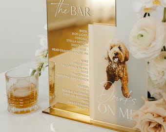 Gold Mirror Wedding Bar Menu - Acrylic Signature Drinks Sign with Pet Portrait - Gold Mirror Acrylic Bar Sign - Wedding Signature Cocktails