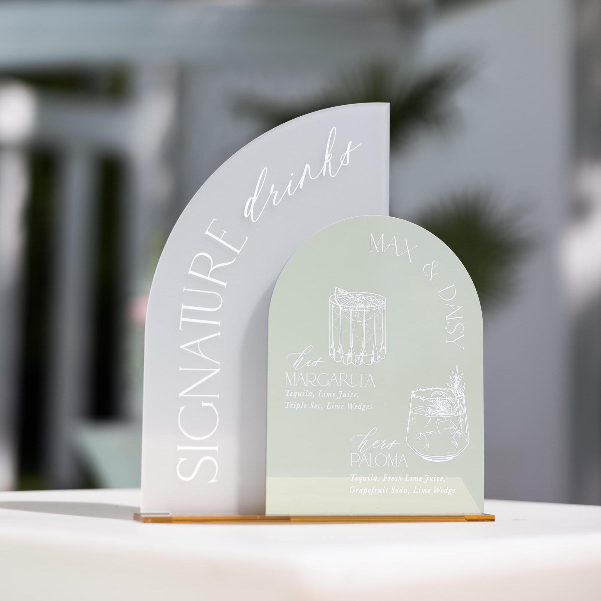 Wedding Bar Sign - Signature Drinks Acrylic Menu - Frosted and Sage Green Bar Sign - Custom Drink Sign with Gold Stand - Cocktail Sign Set