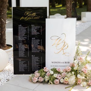 Señalización para bodas: plano de asientos y letrero de bienvenida, decoración de boda en blanco y negro, paquete de letrero de bienvenida y plano de asientos, monograma para bodas.
