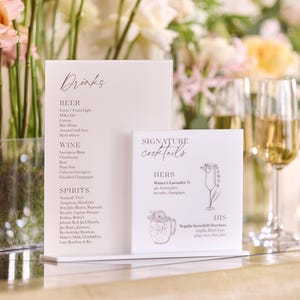 Hochzeit Bar Menü-Schild - Acryl Hochzeit Bar-Schild - Quadratisches Signature Drinks Schild - Weiß und Beige Signature Cocktails Schild