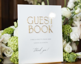 Witte acryl bruiloft bord set - 8 x 10 gastenboek, kaarten en geschenken, geheugenborden - 3D gouden spiegeltekst - bruiloft tafeldecor met gouden standaard