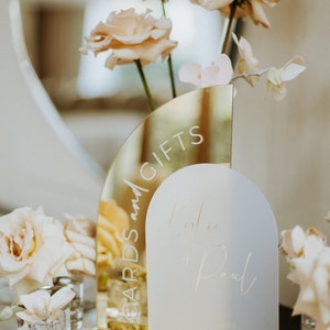 May include: A gold mirrored sign with the text "Cards and Gifts" and a white frosted sign with the text "Katie & Paul" in cursive. The signs are decorated with pale pink flowers.