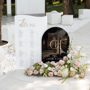 Conjunto de plano de asientos y letreros de bienvenida acrílicos para boda - Decoración de boda en blanco y negro - Paquete de letreros de boda con espejo 3D - Conjunto de boda personalizado