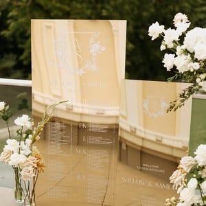 Letreros de boda acrílicos con espejo dorado - Letrero con plano de asientos y letrero de bienvenida - Plano de asientos para boda - Letrero acrílico personalizado