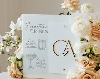 White Acrylic Signature Cocktails Menu Sign - Wedding Couple Monogram - Custom Drink Sign - Wedding Reception Bar Sign