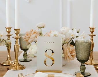Numeri da tavolo per matrimonio in acrilico Frost - Decorazione da tavolo con specchio dorato - Decorazione per ricevimento di matrimonio - Segnali da tavolo per matrimonio - Centrotavola