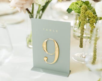 Sage Green Table Numbers - 5x7 Acrylic Wedding Table Signs with 3D Gold Mirror Numbers - Reception Table Decor - Wedding Table Setting